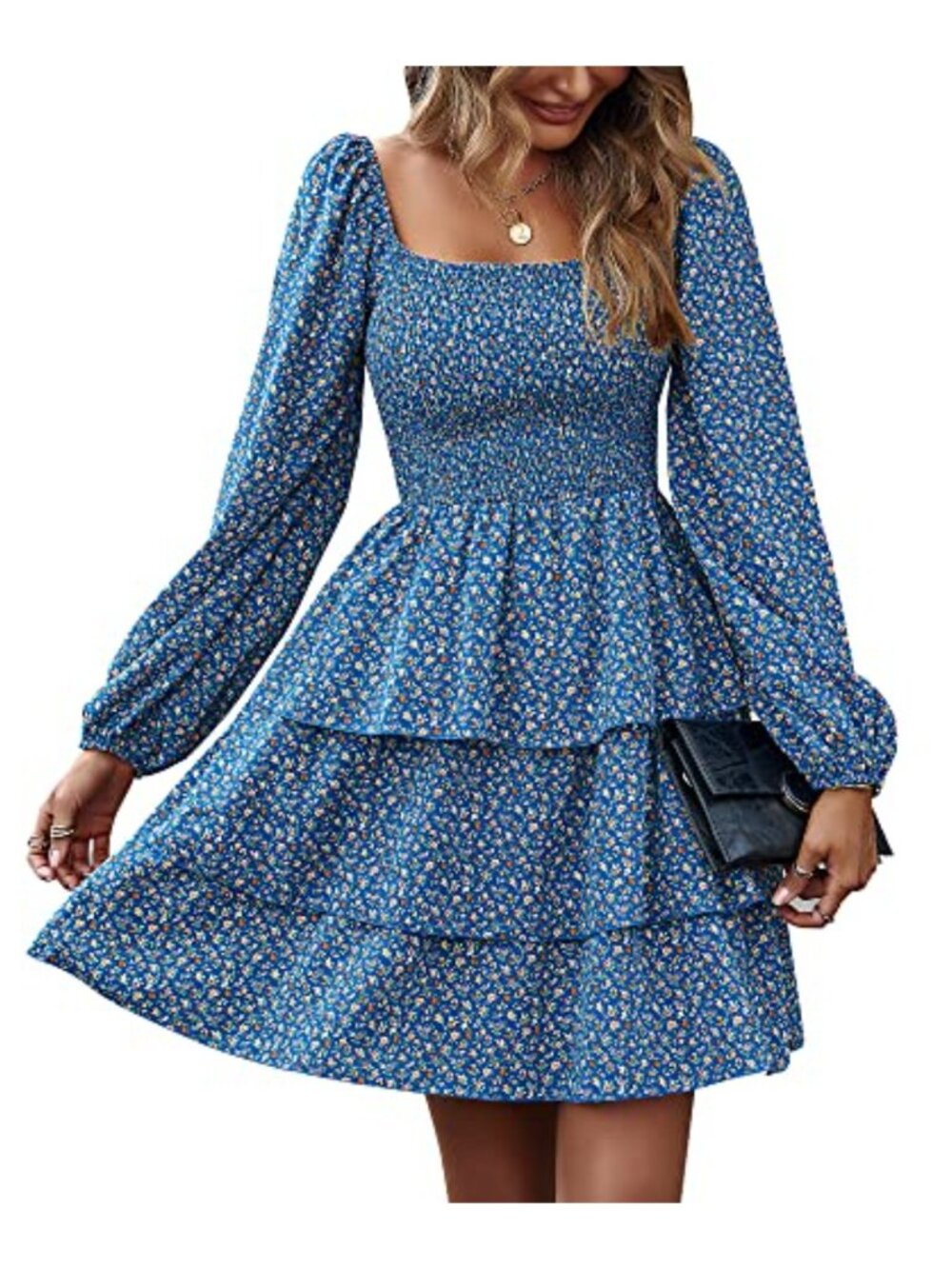 Long Sleeve Smocked Floral Mini Dress with Ruffle Hem High Waist